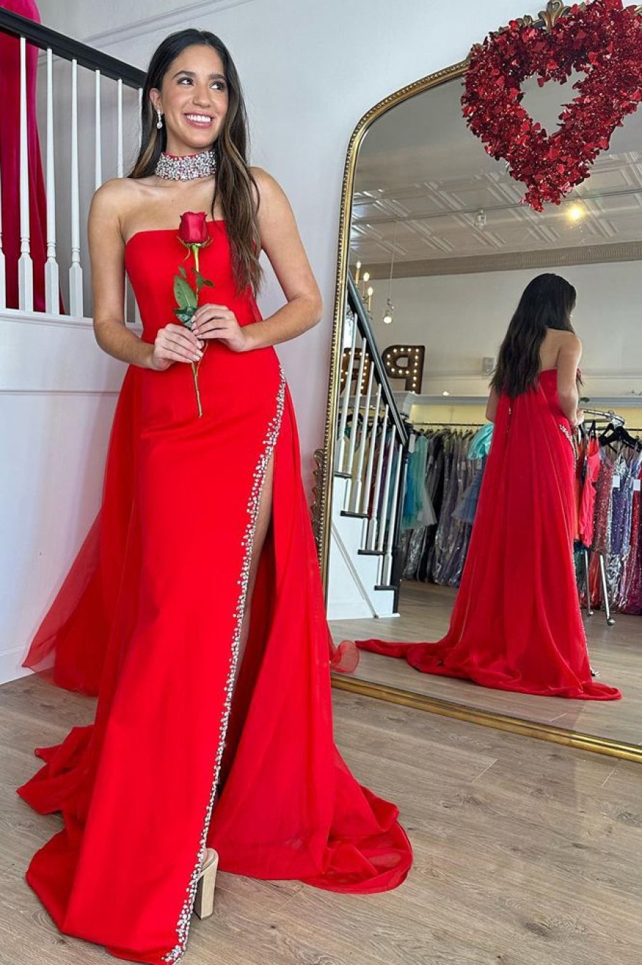 Homrain Mermaid Strapless Long Prom Dress With Slit | Red Prom Dresses