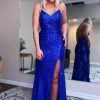 Homrain Sparkly Mermaid Sequins Long Prom Dress With Slit | Blue Prom Dresses