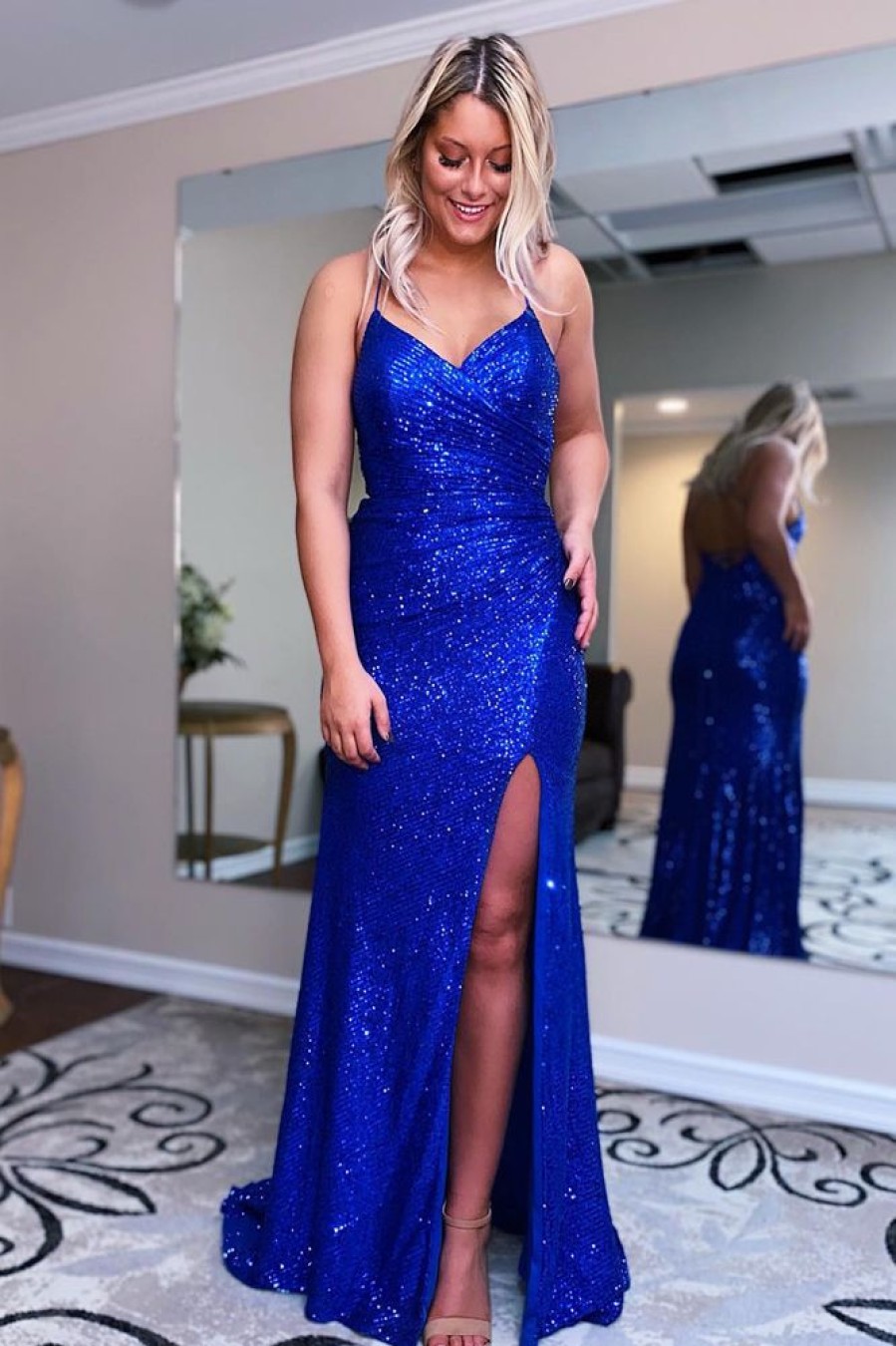 Homrain Sparkly Mermaid Sequins Long Prom Dress With Slit | Blue Prom Dresses