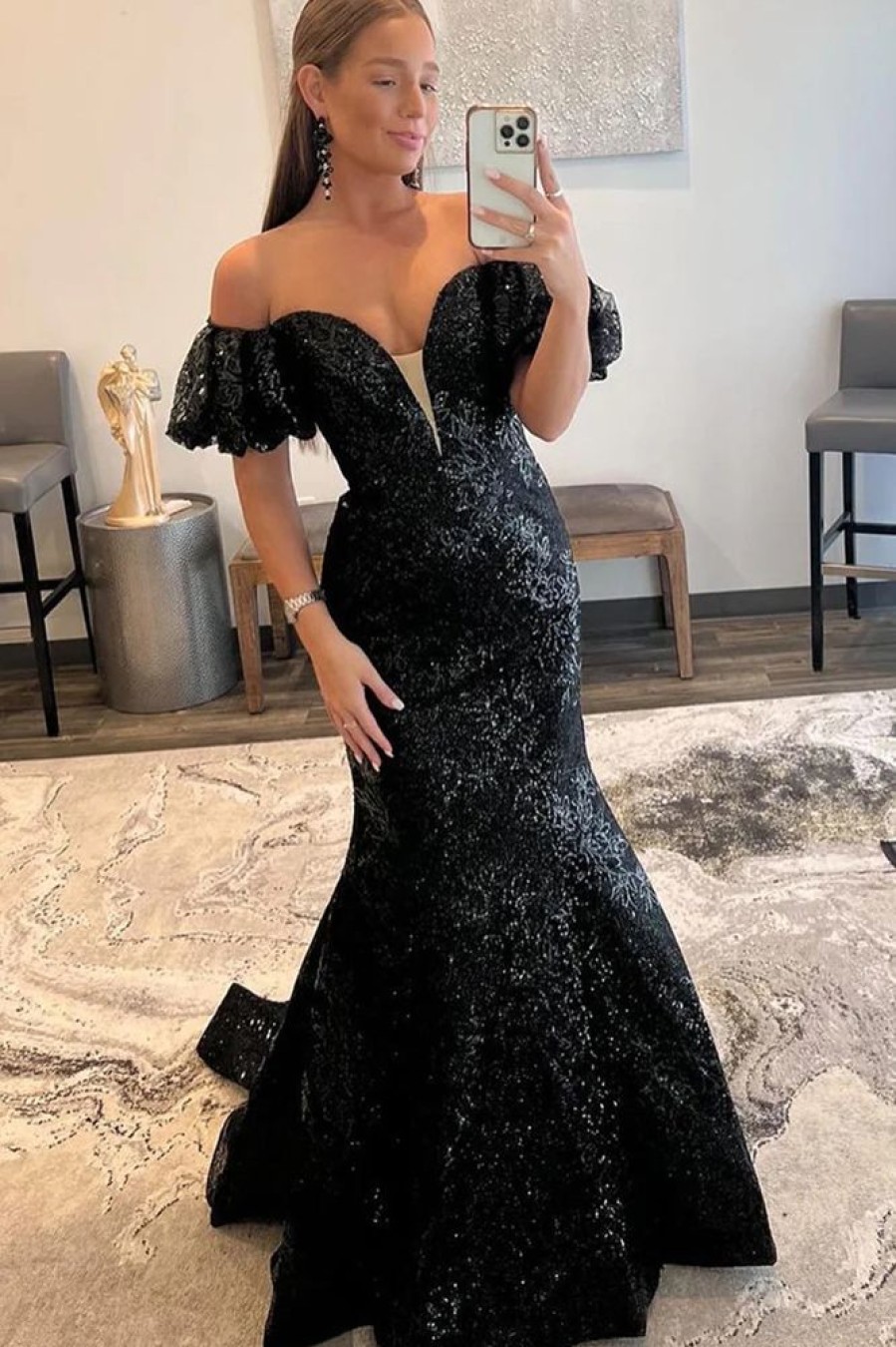 Homrain Sparkly Sequin Off The Shoulder Long Prom Dress | Black Prom Dresses