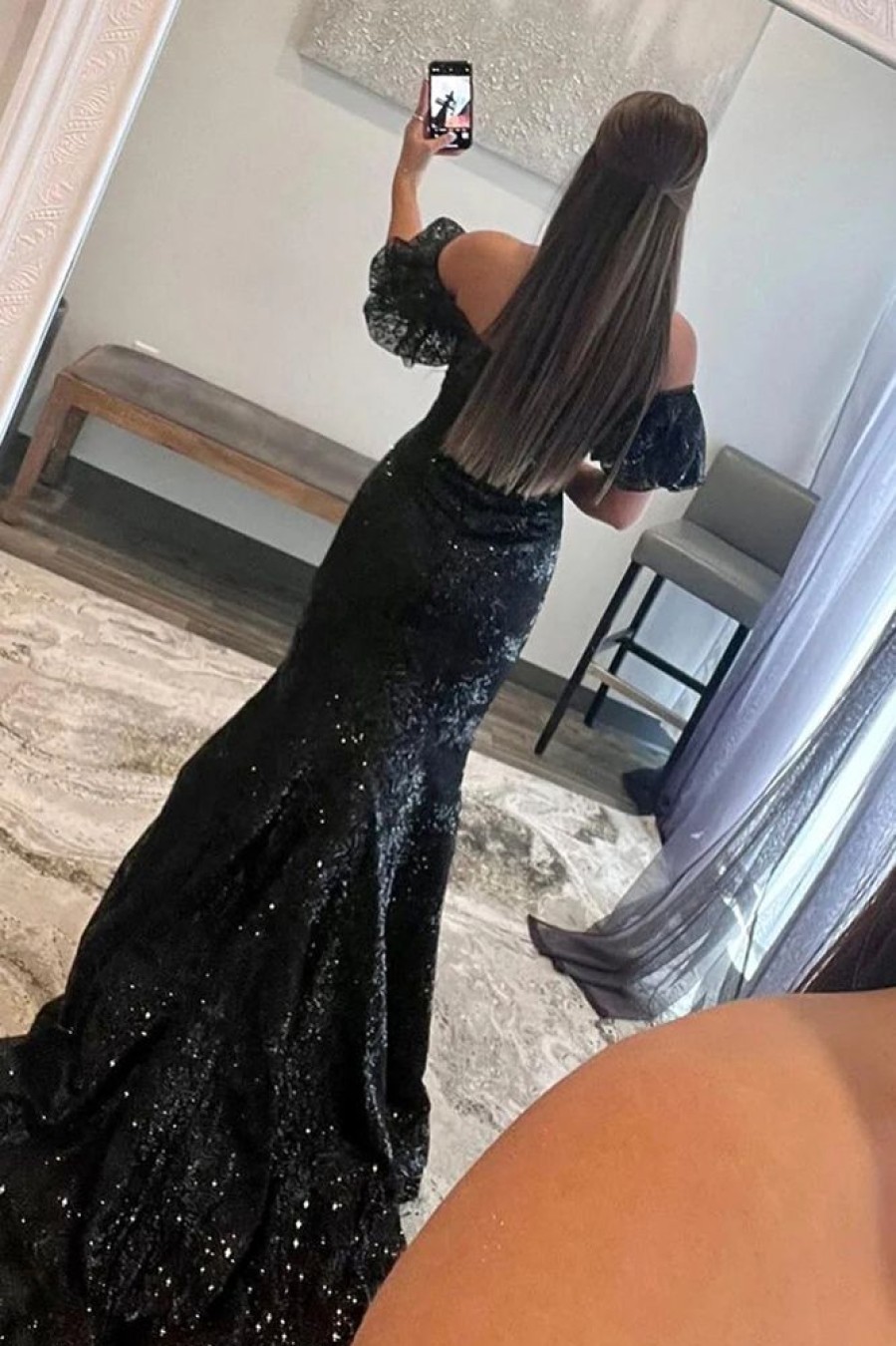 Homrain Sparkly Sequin Off The Shoulder Long Prom Dress | Black Prom Dresses