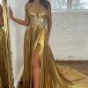 Homrain Glitter A-Line Beaded Metallic Long Prom Dress With Slit | Gold Prom Dresses