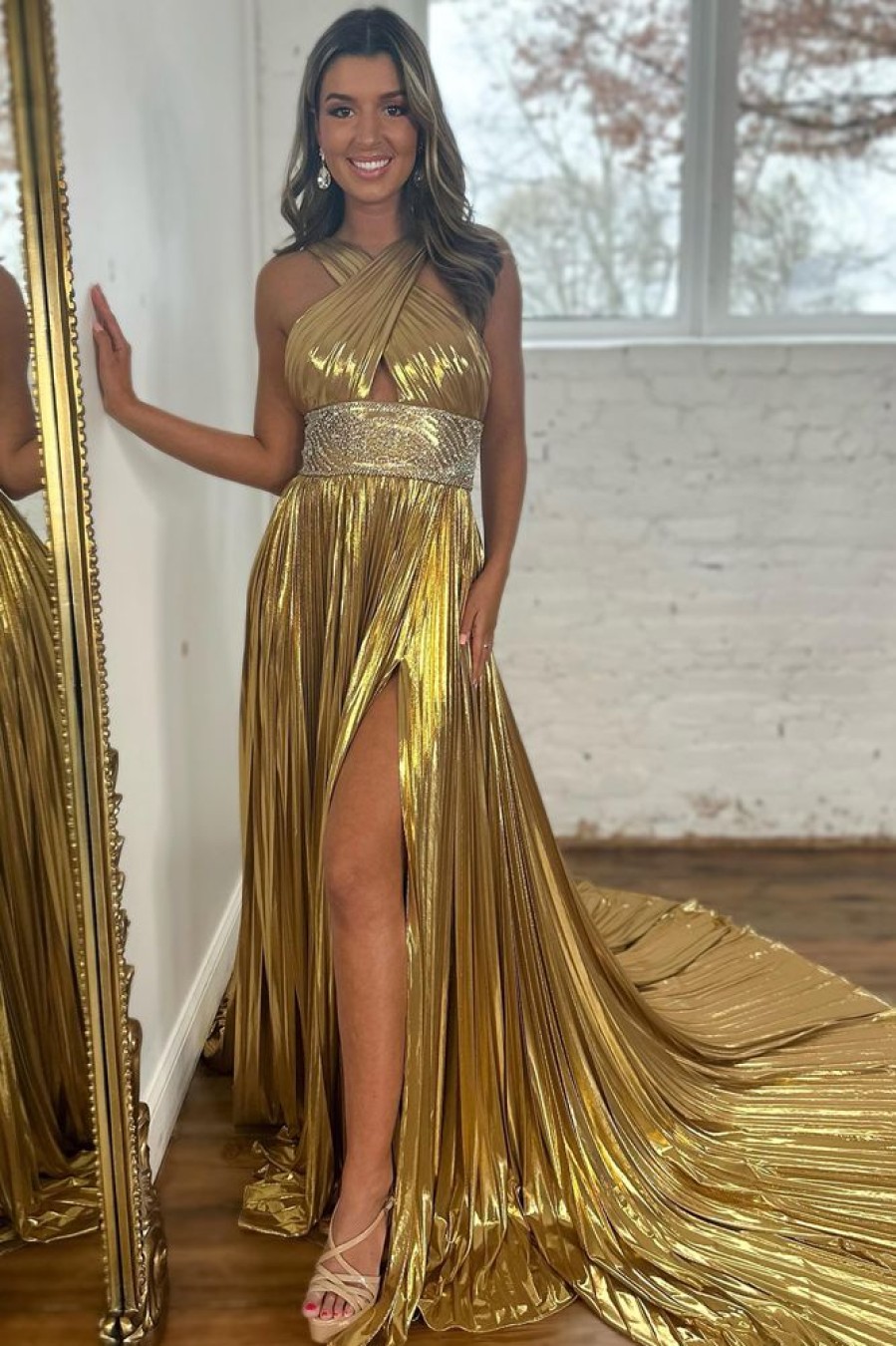 Homrain Glitter A-Line Beaded Metallic Long Prom Dress With Slit | Gold Prom Dresses