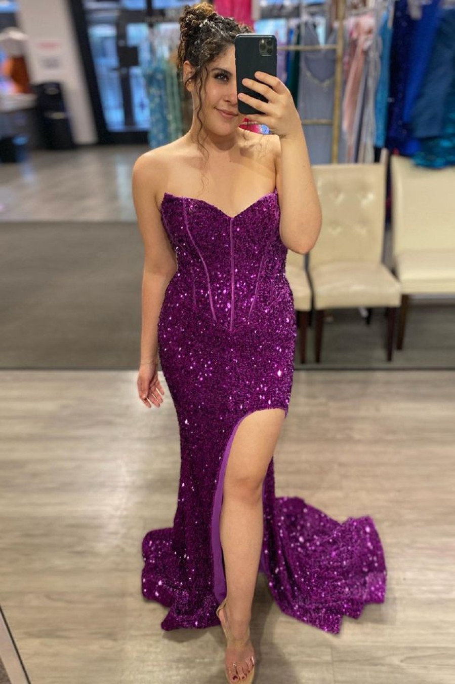 Homrain Sheath Sweetheart Sequins Floor Length Prom Dress With Split Front | Purple Prom Dresses