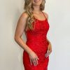 Homrain Sheath Spaghetti Straps Short Homecoming Dress With Appliques | Red Hoco Dresses