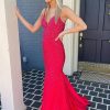 Homrain Mermaid Spaghetti Straps Long Prom Dress With Criss Cross Back | Red Prom Dresses