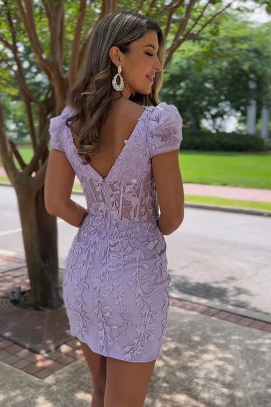 Homrain Sparkly Lace Tight Short Homecoming Dress With Sleeves | Purple Hoco Dresses