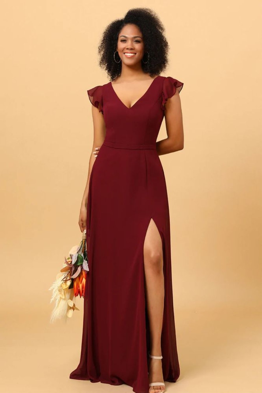 Homrain Chiffon Burgundy Bridesmaid Dress With Slit | Wedding Guest Dresses