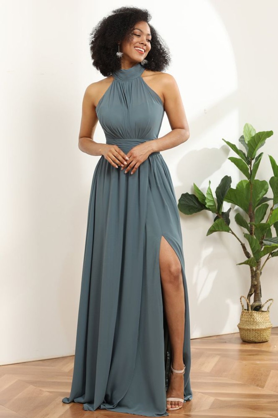 Homrain Halter Ruched Long Bridesmaid Dress With Slit | Bridesmaid Dress Under 100