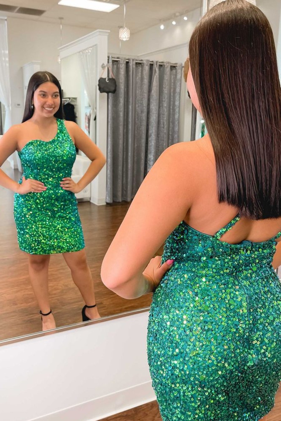 Homrain Sparkly Sequins One Shoulder Tight Short Homecoming Dress | Green Hoco Dresses