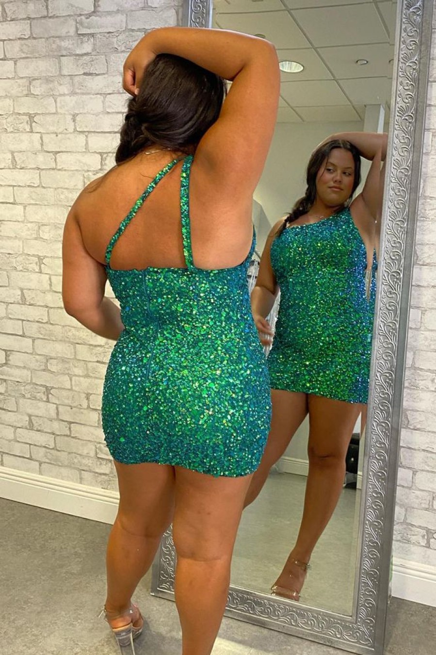 Homrain Sparkly Sequins One Shoulder Tight Short Homecoming Dress | Green Hoco Dresses