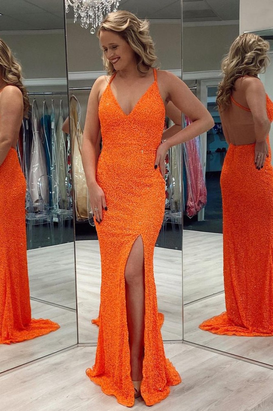 Homrain Sequins Backless Prom Dress With Slit | Orange Prom Dresses