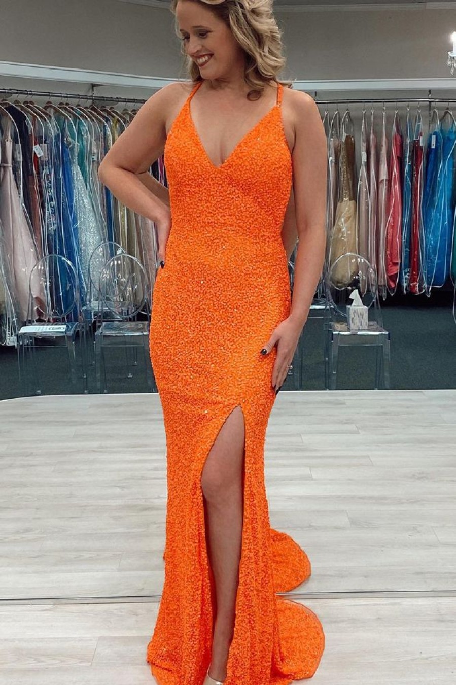 Homrain Sequins Backless Prom Dress With Slit | Orange Prom Dresses