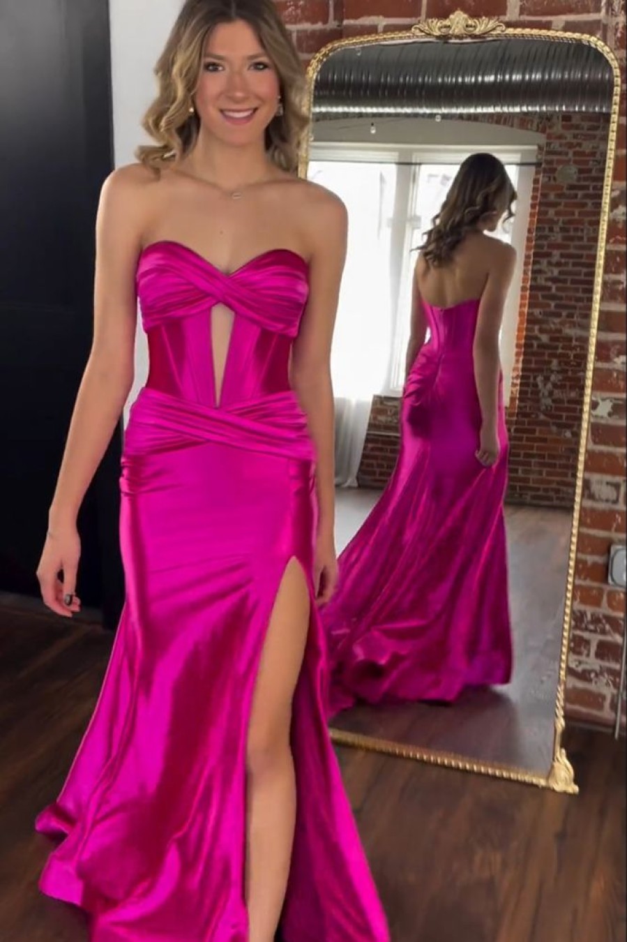 Homrain Mermaid Sweetheart Long Prom Dress With Slit | Hot Pink Prom Dresses