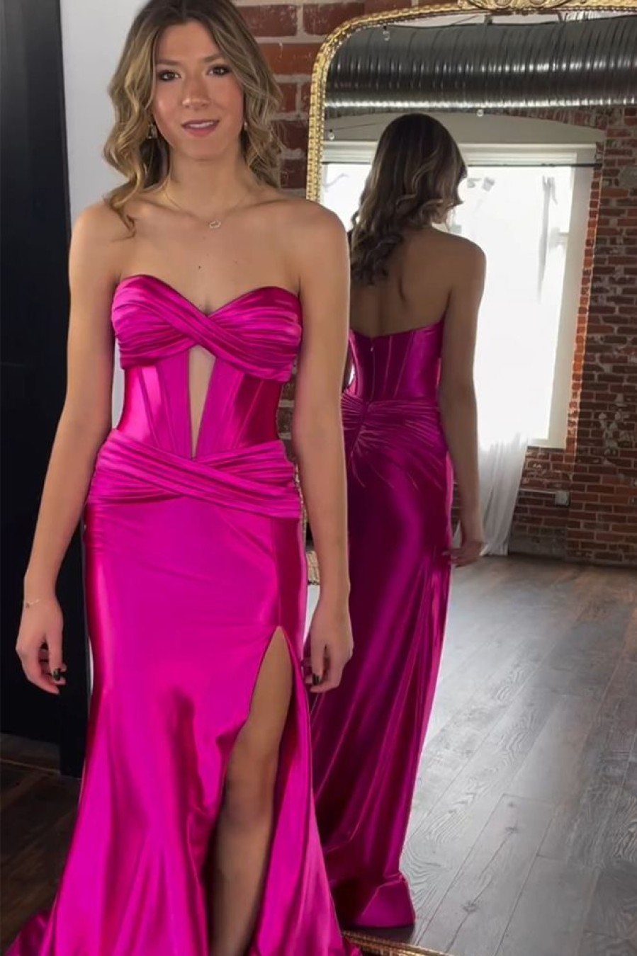 Homrain Mermaid Sweetheart Long Prom Dress With Slit | Hot Pink Prom Dresses