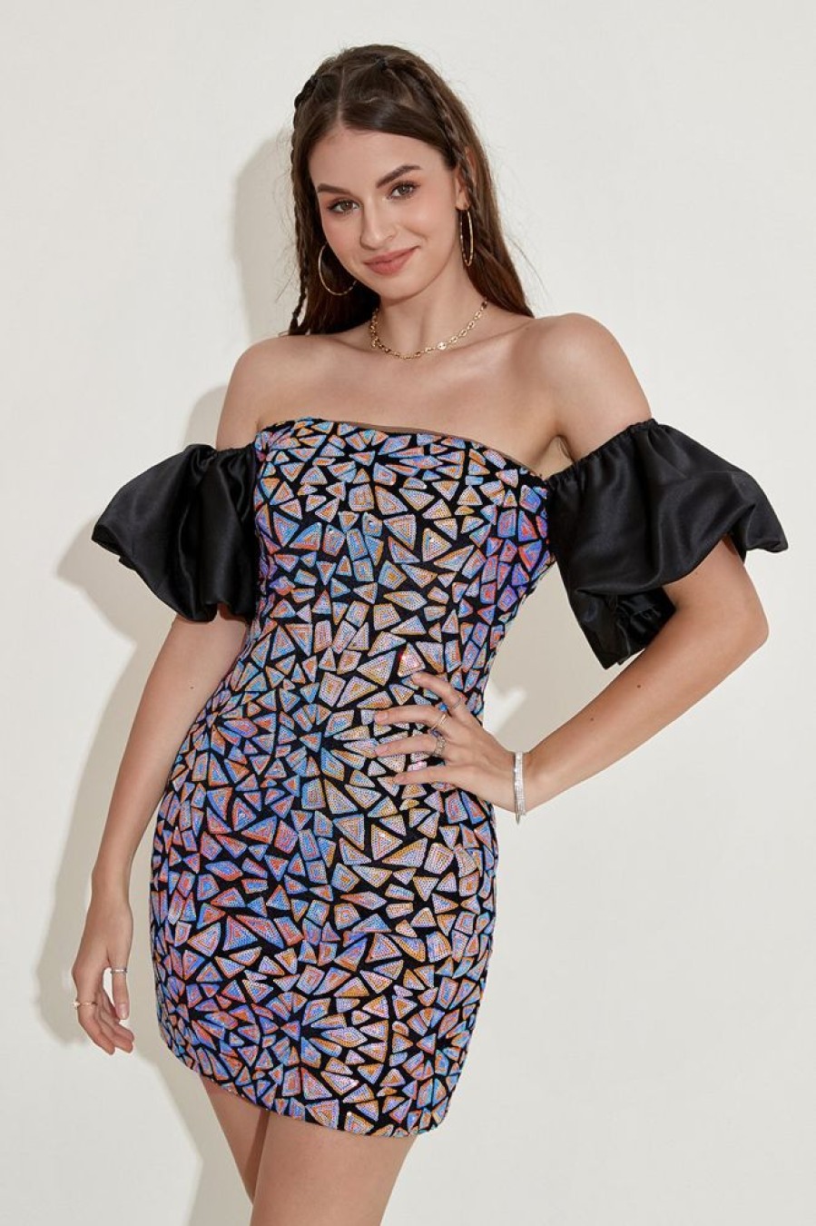 Homrain Off The Shoulder Sequins Homecoming Dress With Puff Sleeves | Blue Hoco Dresses