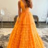 Homrain Deep V-Neck Tiered Prom Dress | Orange Prom Dresses