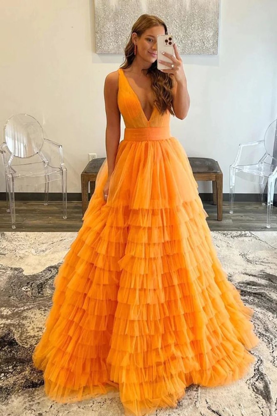 Homrain Deep V-Neck Tiered Prom Dress | Orange Prom Dresses