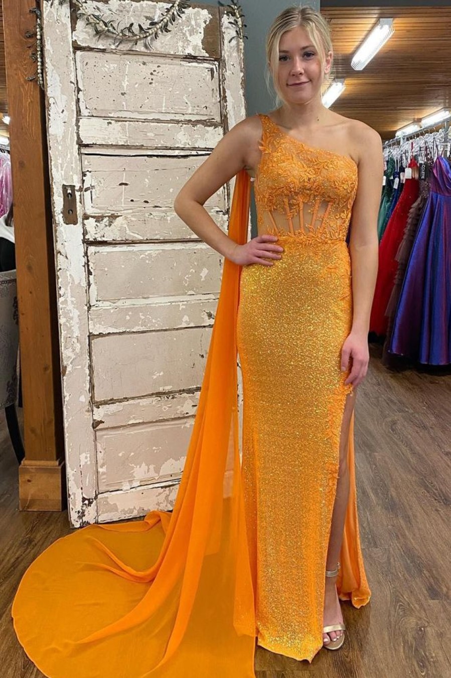 Homrain Sparkly Corset One Shoulder Long Prom Dress With Deatchable Train | Orange Prom Dresses