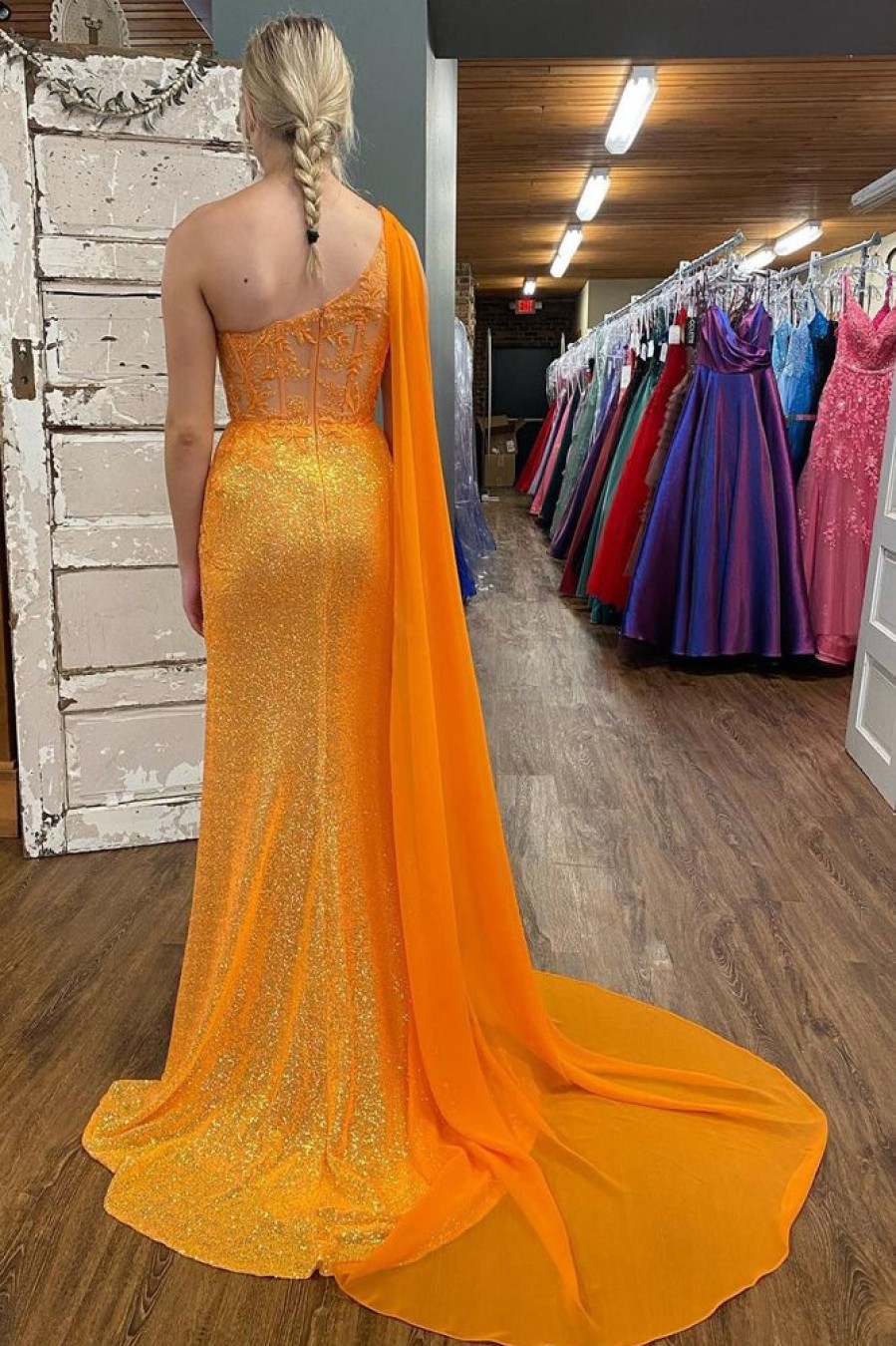 Homrain Sparkly Corset One Shoulder Long Prom Dress With Deatchable Train | Orange Prom Dresses