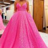 Homrain Sparkly Hot Sequins A-Line Long Prom Dress | Hot Pink Prom Dresses