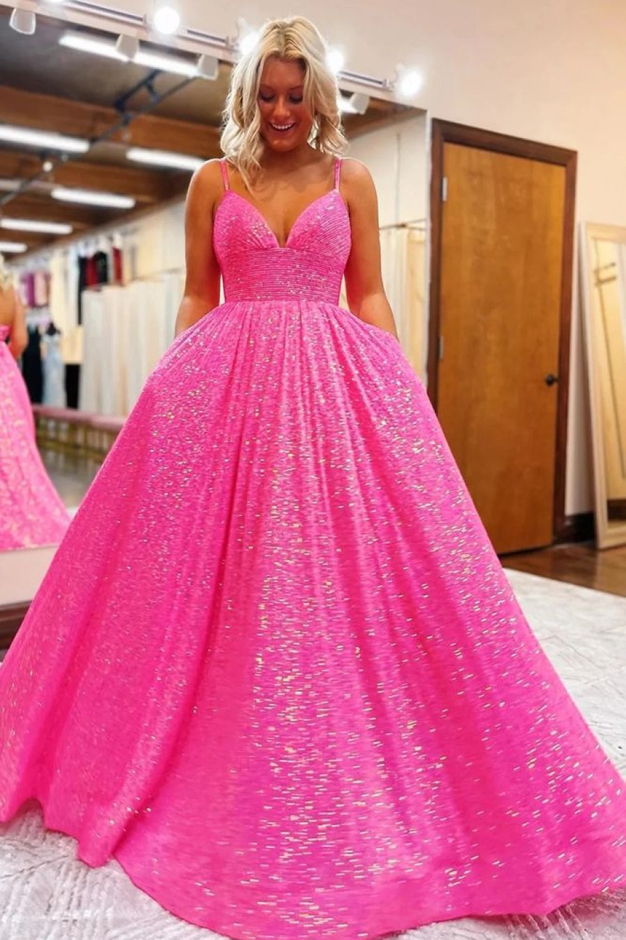 Homrain Sparkly Hot Sequins A-Line Long Prom Dress | Hot Pink Prom Dresses