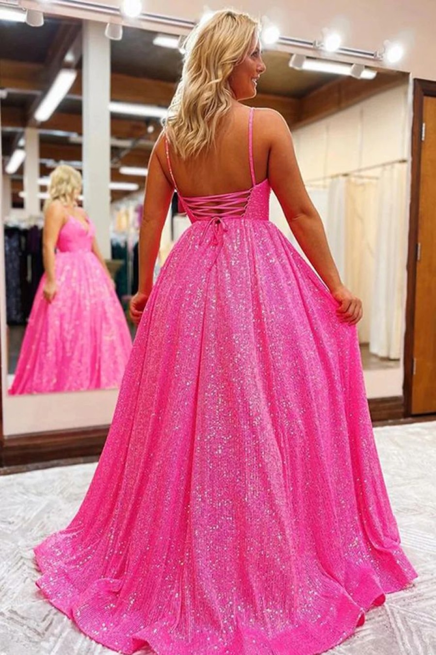 Homrain Sparkly Hot Sequins A-Line Long Prom Dress | Hot Pink Prom Dresses