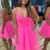 Homrain Simple Hot Pink Lace-Up Back A-Line Organza Short Homecoming Dress | Hot Pink Hoco Dresses