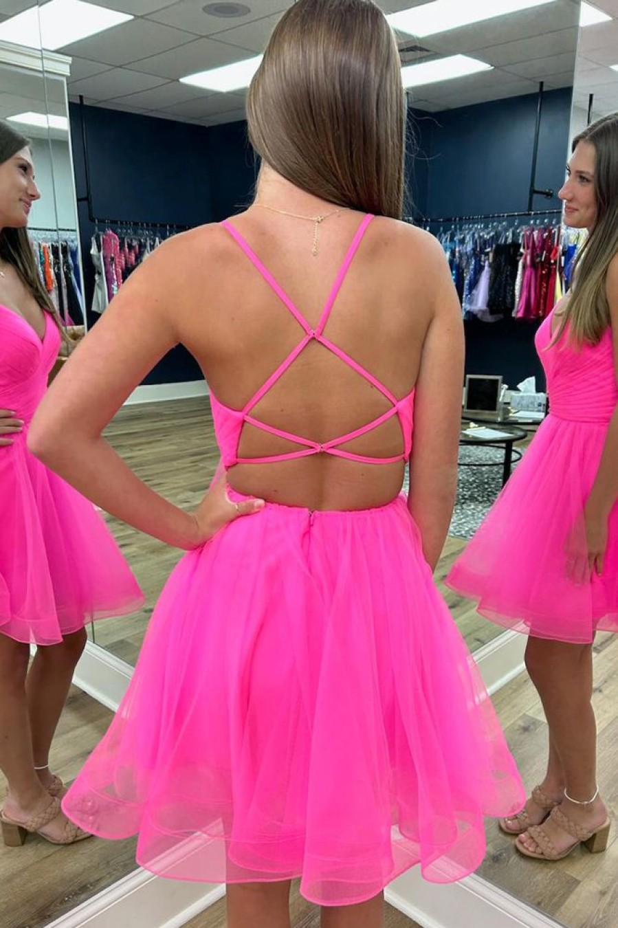 Homrain Simple Hot Pink Lace-Up Back A-Line Organza Short Homecoming Dress | Hot Pink Hoco Dresses