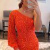 Homrain Beaded Sequins One Shoulder Tight Homecoming Dress | Orange Prom Dresses