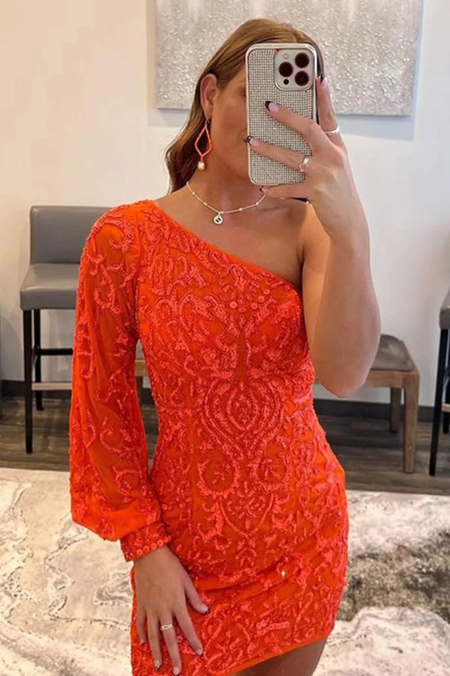 Homrain Beaded Sequins One Shoulder Tight Homecoming Dress | Orange Prom Dresses