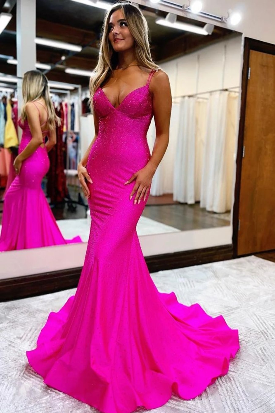 Homrain Hot Pink Sequined Spaghetti Straps Prom Dress | Hot Pink Prom Dresses