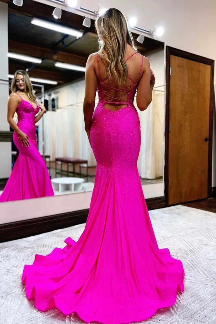 Homrain Hot Pink Sequined Spaghetti Straps Prom Dress | Hot Pink Prom Dresses