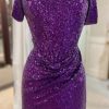 Homrain Sparkly Detachable Off The Shoulder Sequins Tight Homecoming Dress | Purple Hoco Dresses