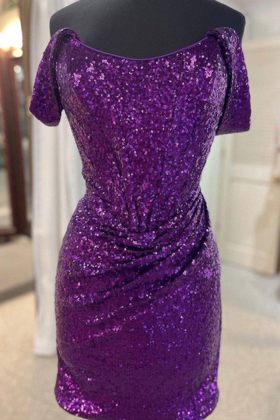 Homrain Sparkly Detachable Off The Shoulder Sequins Tight Homecoming Dress | Purple Hoco Dresses