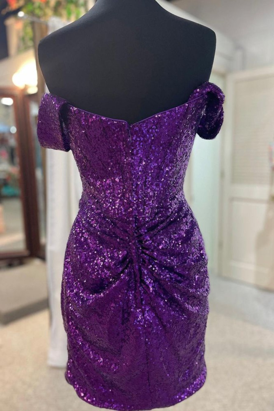 Homrain Sparkly Detachable Off The Shoulder Sequins Tight Homecoming Dress | Purple Hoco Dresses