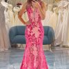 Homrain Mermaid V Neck Long Prom Dress With Sequined Appliques | Hot Pink Prom Dresses