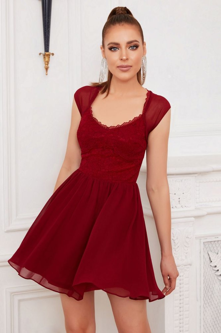 Homrain Burgundy Lace Short Cocktail Dress | Red Hoco Dresses