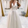 Homrain A-Line Deep V-Neck Long Wedding Dress With Bowknot | Simple Wedding Dresses