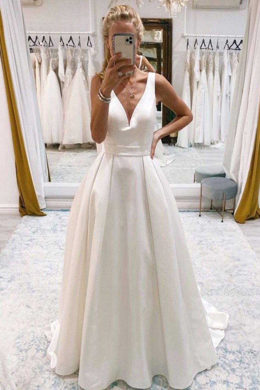 Homrain A-Line Deep V-Neck Long Wedding Dress With Bowknot | Simple Wedding Dresses