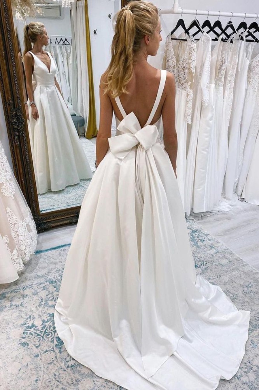 Homrain A-Line Deep V-Neck Long Wedding Dress With Bowknot | Simple Wedding Dresses