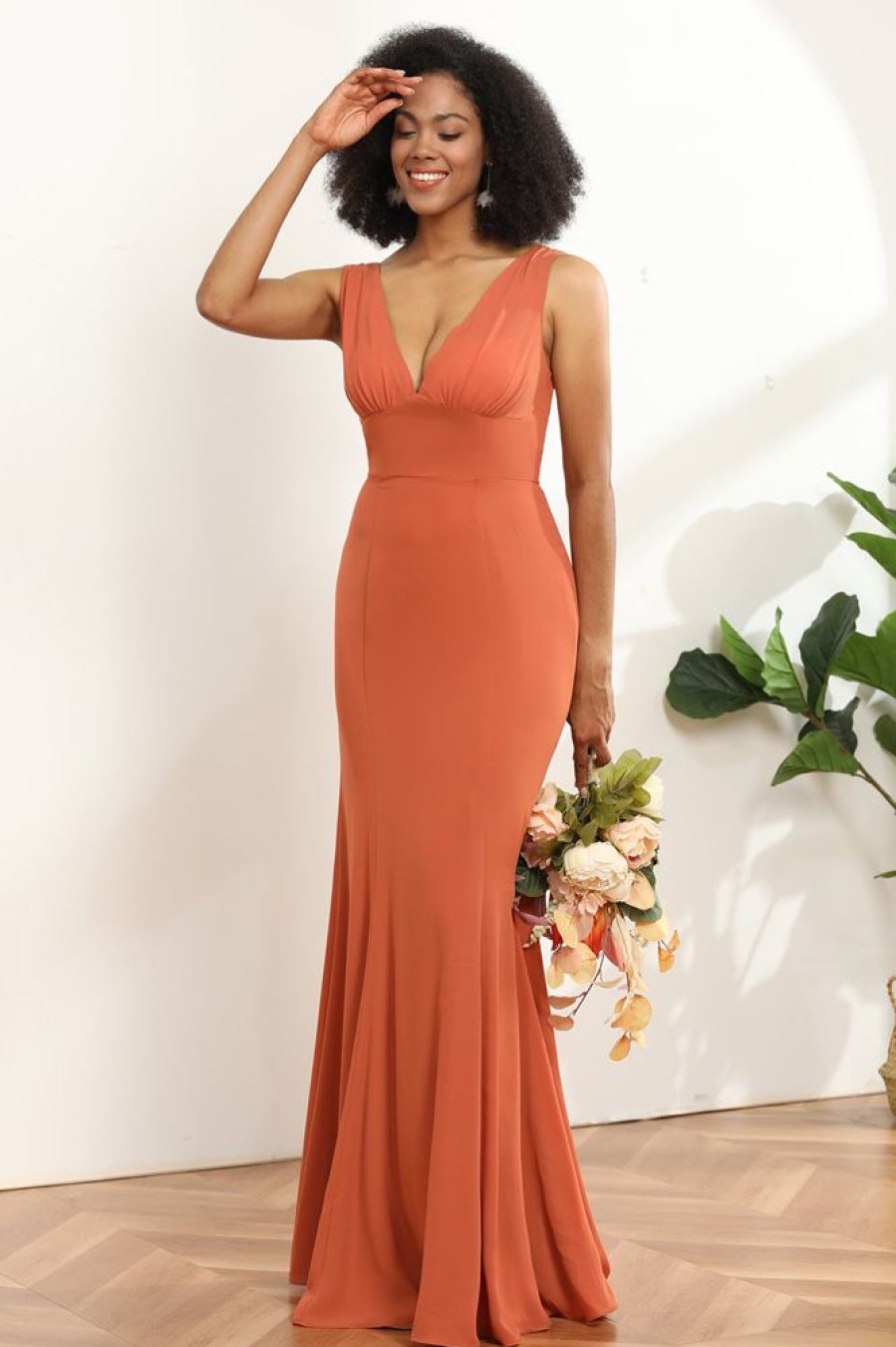 Homrain V-Neck Mermaid Bridesmaid Dress | Burnt Orange Bridesmaid Dress