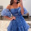 Homrain Printed Detachable Sleeves Ruffled Short Homecoming Dress | Blue Prom Dresses