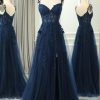 Homrain A Line Spaghetti Straps Long Corset Prom Dress With Appliques | Blue Prom Dresses