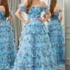 Homrain A Line Strapless Tiered Long Prom Dress With Feathers | Blue Prom Dresses