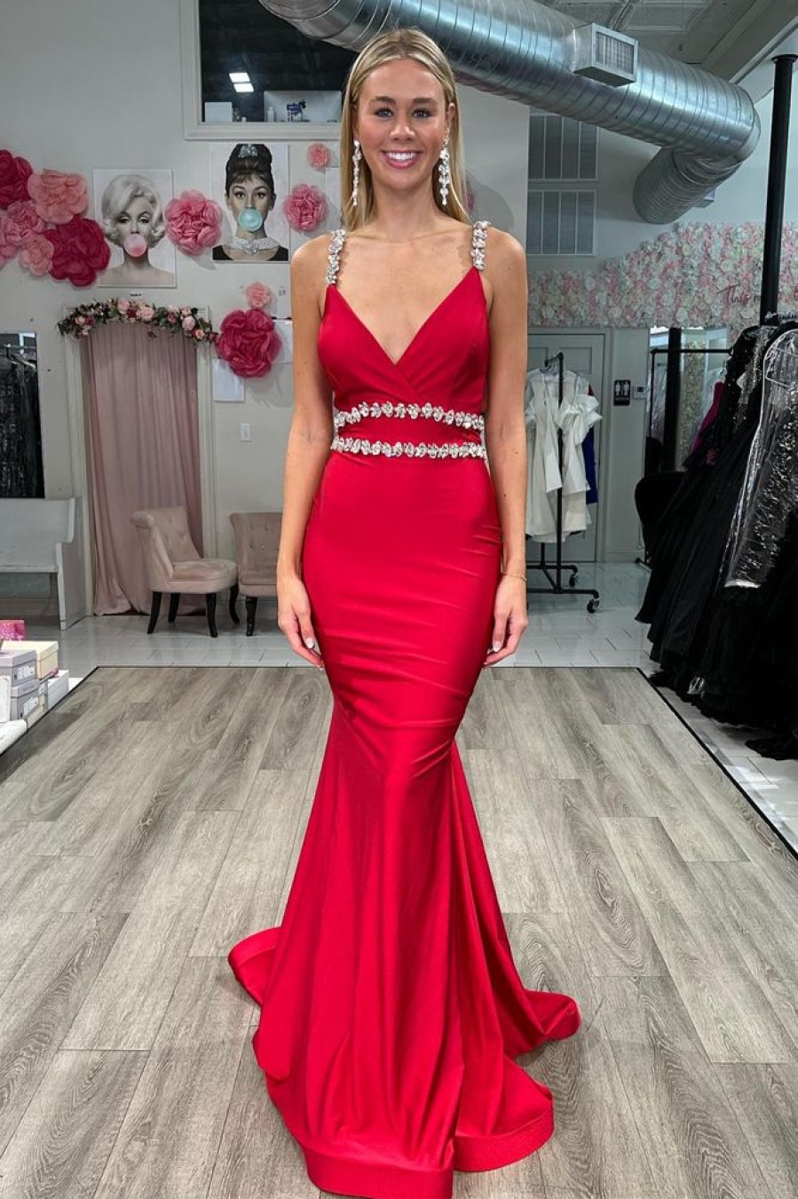 Homrain Mermaid Backless Sequined Long Prom Dress | Red Prom Dresses