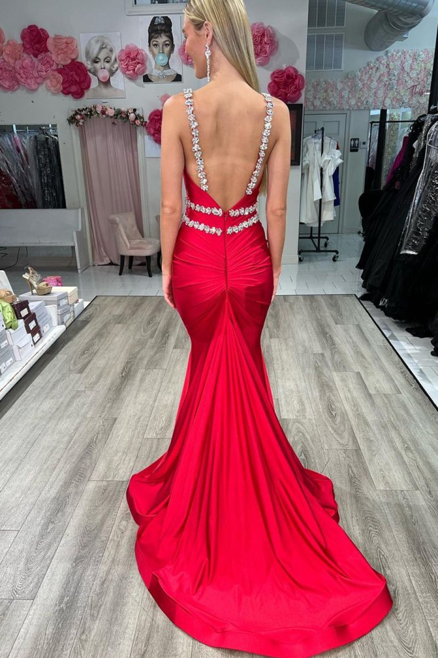 Homrain Mermaid Backless Sequined Long Prom Dress | Red Prom Dresses