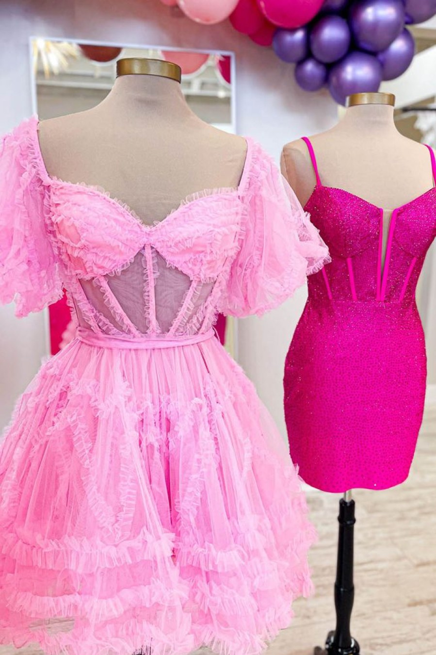 Homrain Corset A-Line Short Homecoming Dress | Hot Pink Hoco Dresses