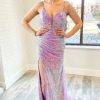 Homrain Deep V Neck Mermaid Sparkly Sequins Long Prom Dress With Slit | Purple Prom Dresses