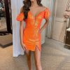 Homrain Off The Shoulder Sequins Tight Homecoming Dress With Slit | Orange Prom Dresses